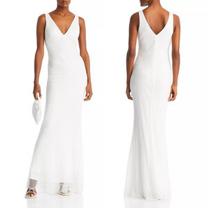 NWT Aqua Rhinestone Embellished Fishnet Maxi White Gown Formal Dress $358 Size 6